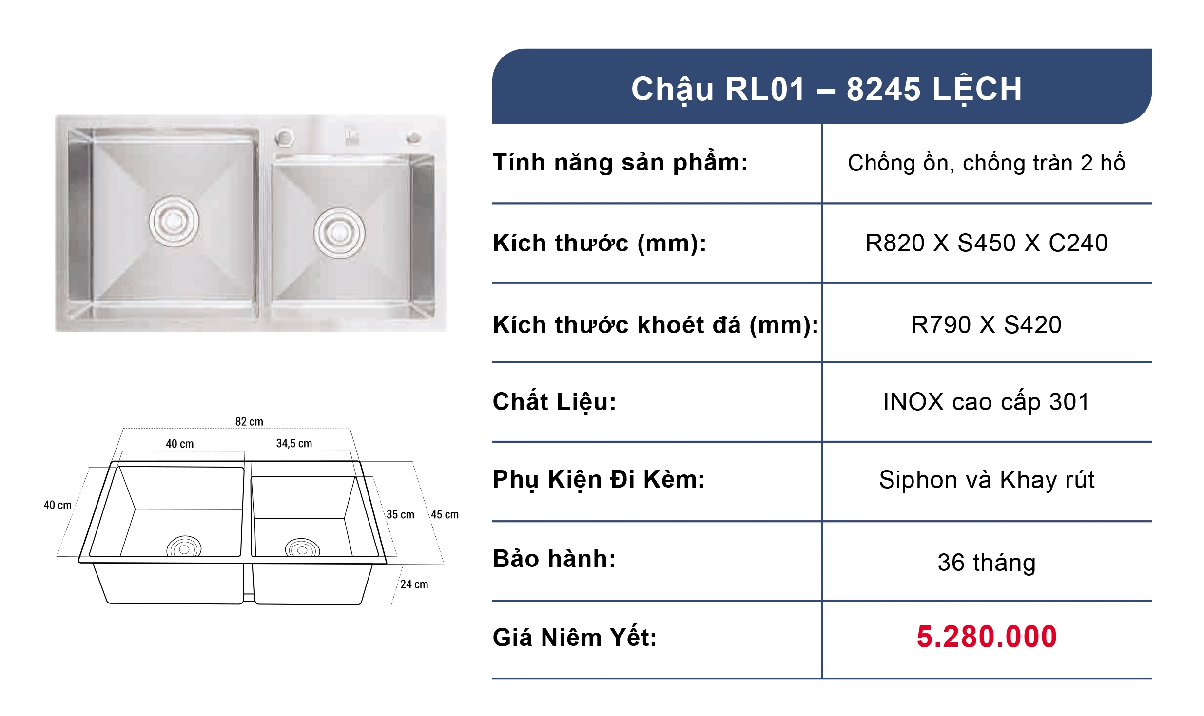 Bồn rửa chén 2 ngăn Roslerer RL01-8245 Lệch