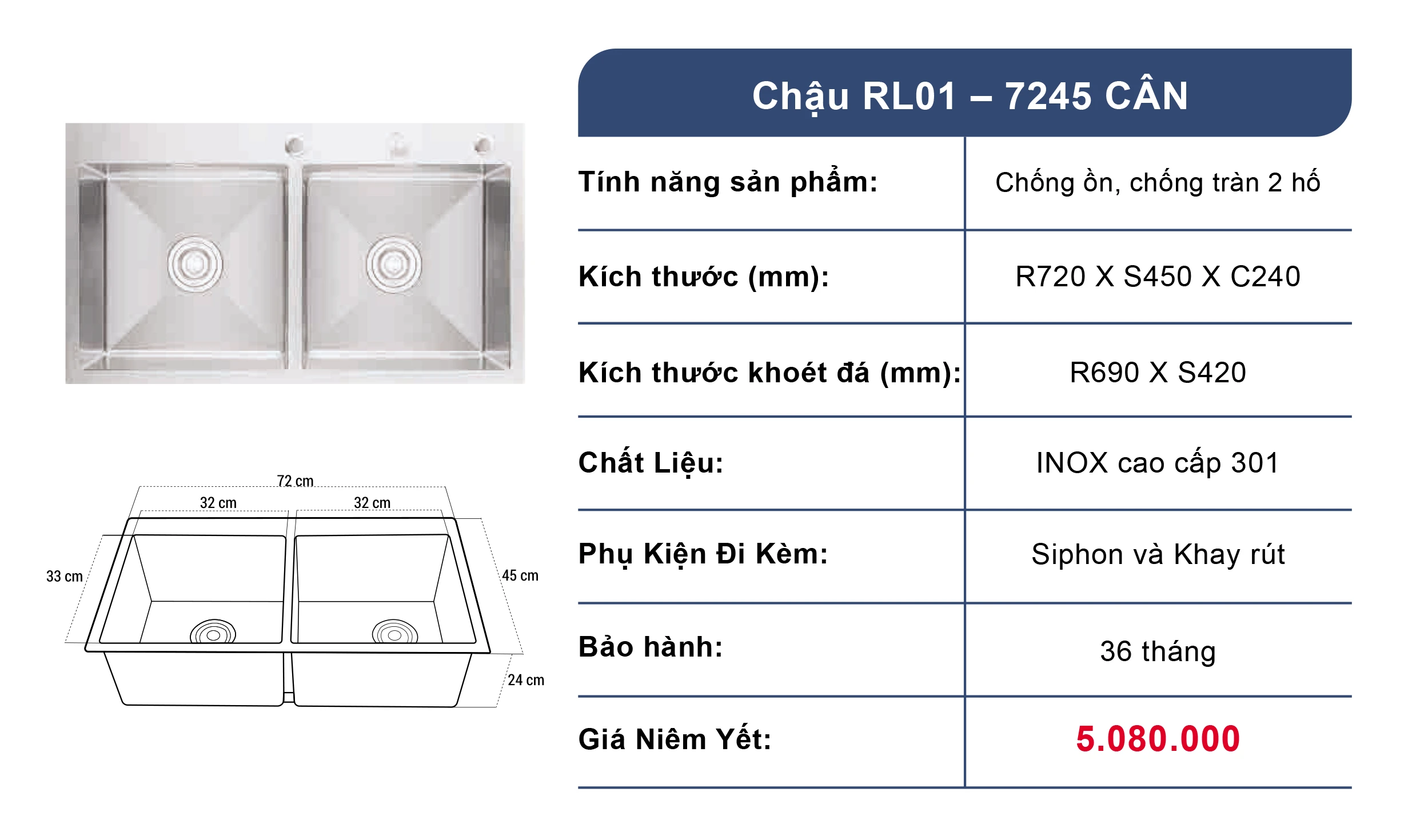 Bồn rửa chén 2 ngăn Roslerer RL01-7243 Cân