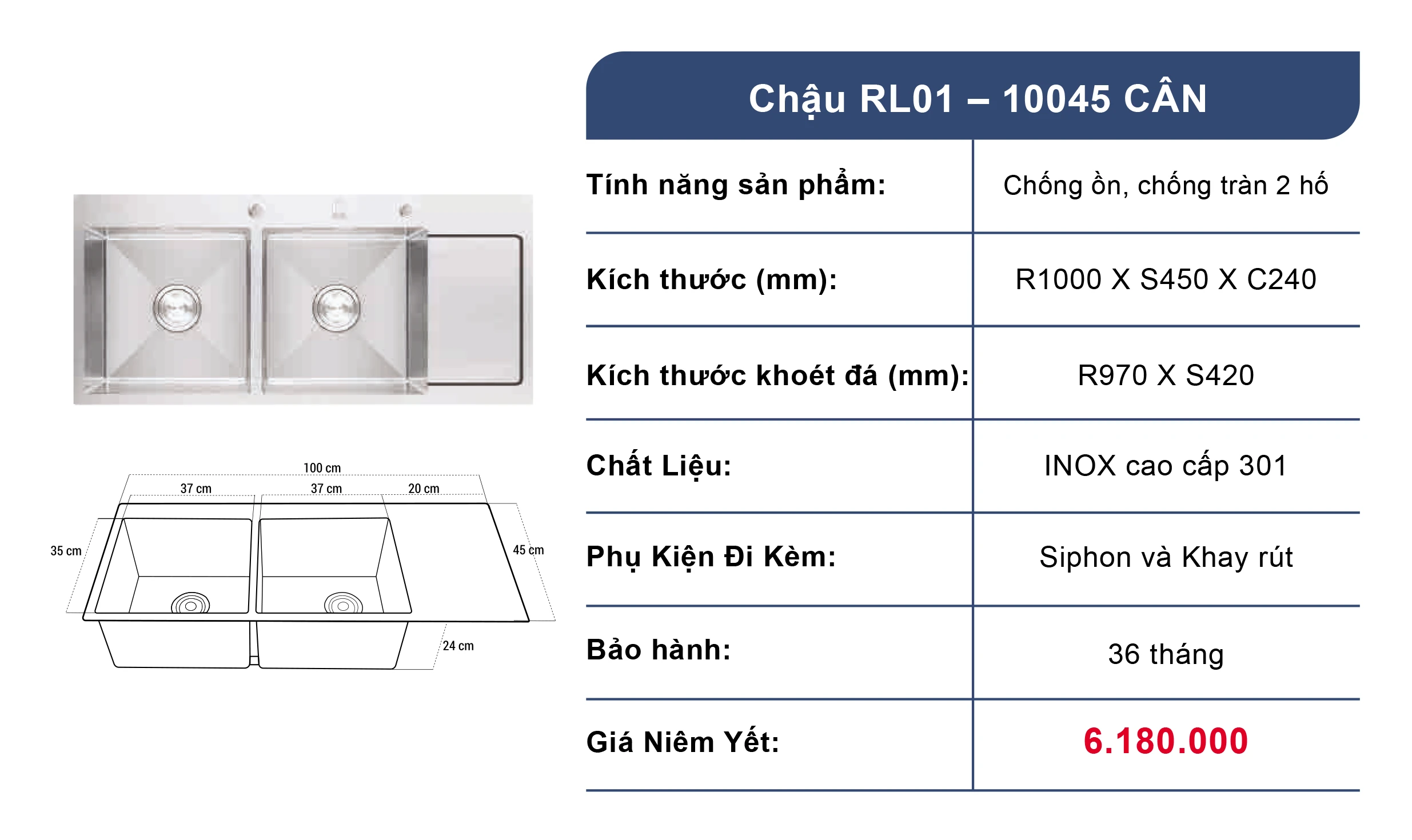 Bồn rửa chén 2 ngăn Roslerer RL01-10045 Cân