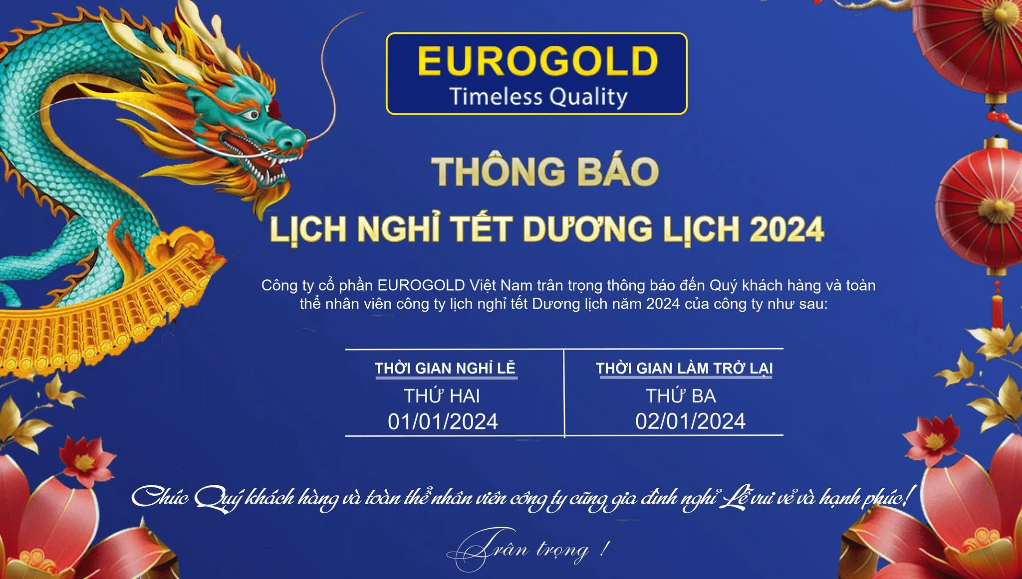 Hình ảnh EUROGOLD THÔNG BÁO LỊCH NGHỈ TẾT DƯƠNG LỊCH NĂM 2024